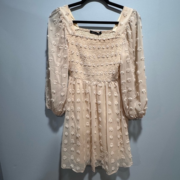 Simplee Apparel Dresses & Skirts - Simplee Apparel Beige Floral Long Sleeve Dress